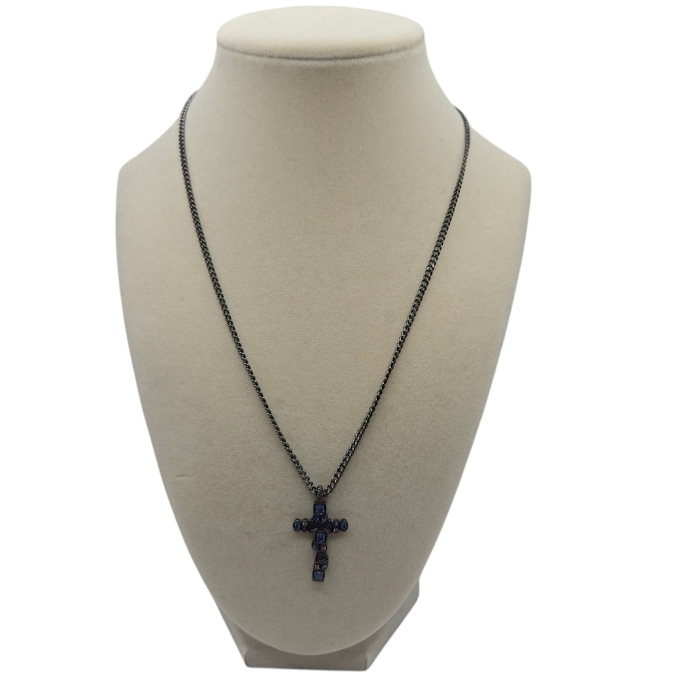 Melania Clara Purple Blue Gem Gunmetal Cuban Link Chain Cross Necklace